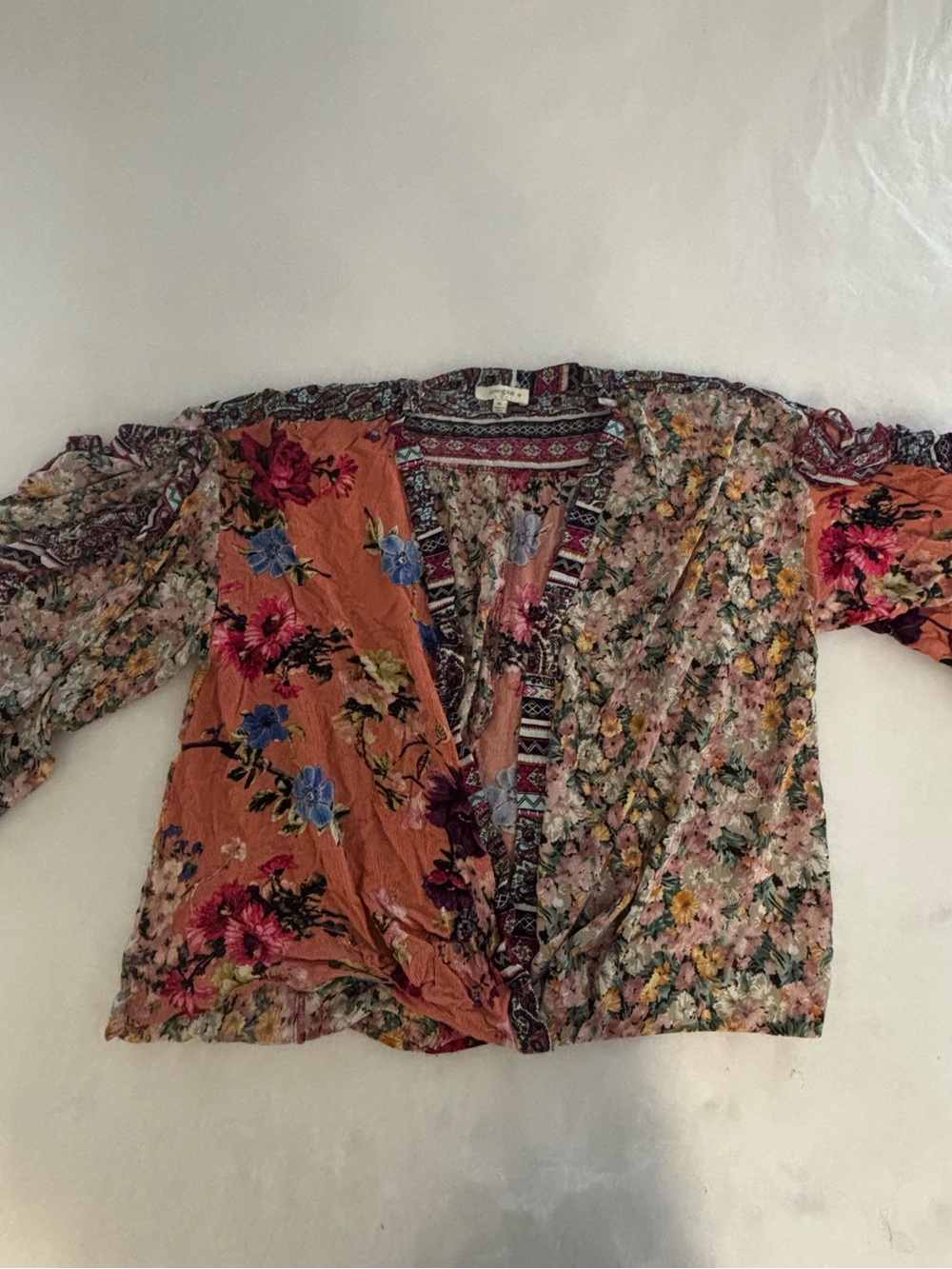 Umgee Multi-Panel Floral ruffle sleeve blouse  - Orange Mix 0107